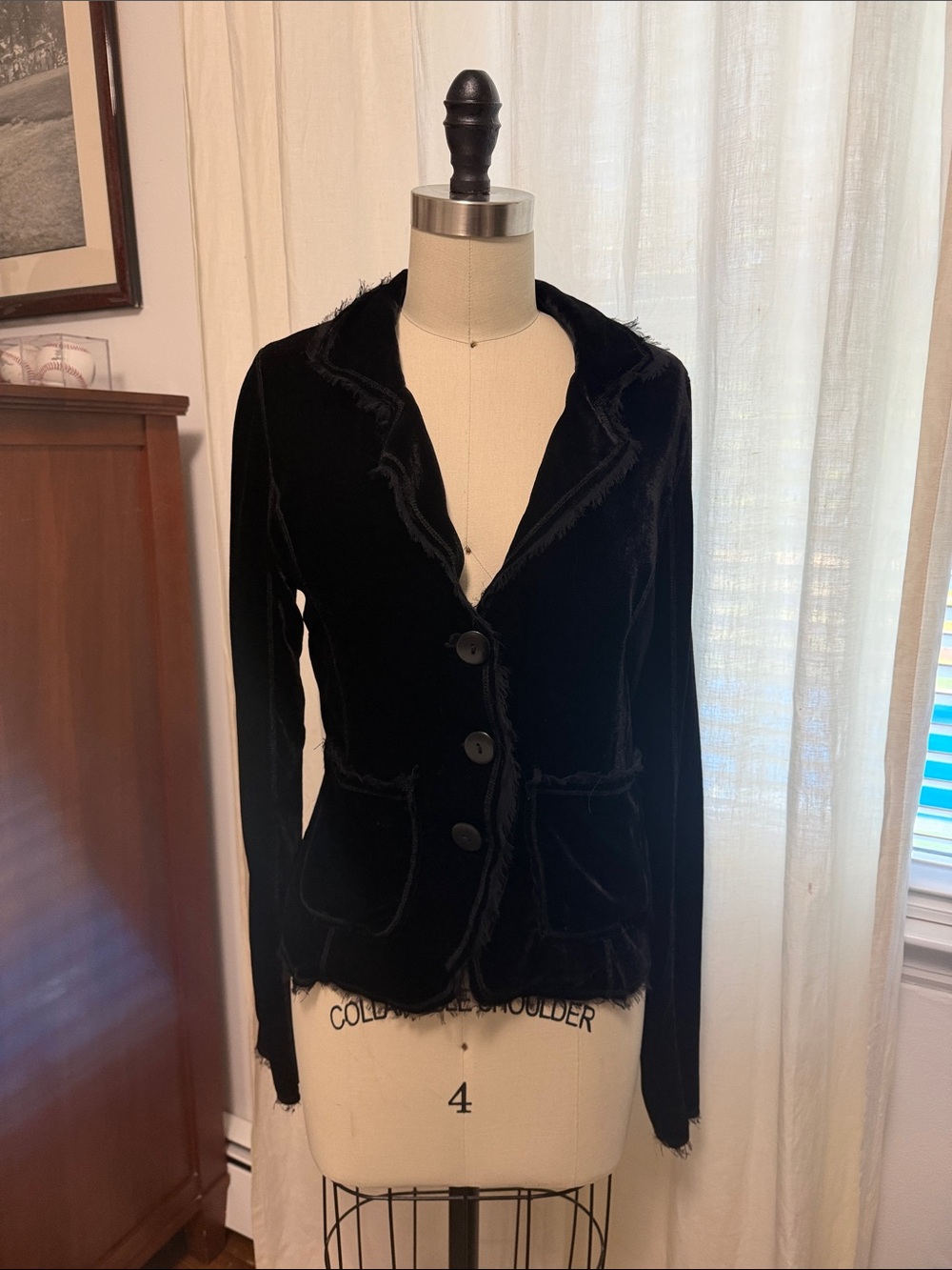 Women's Black Velvet Blazer with Frayed Trim